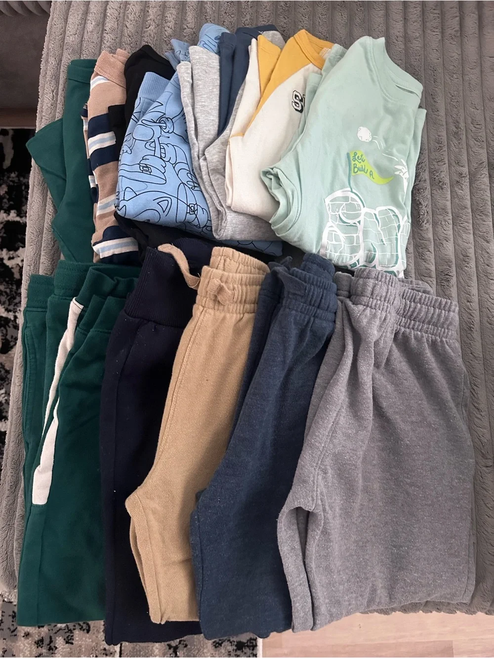 Size 8 Assorted Kids Sweatpants and Tops - Gray, Navy, Green, Tan